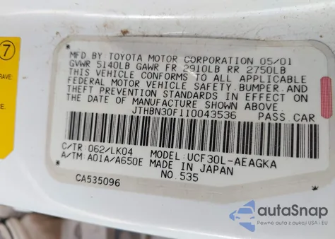 2001 Lexus Ls 430 from USA, damaged, VIN JTHBN30F110043536